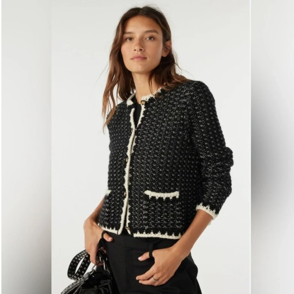 Ba&sh Lady Jacket Black Boucle Contrast Trim Gold Button Cropped Blazer Size 1